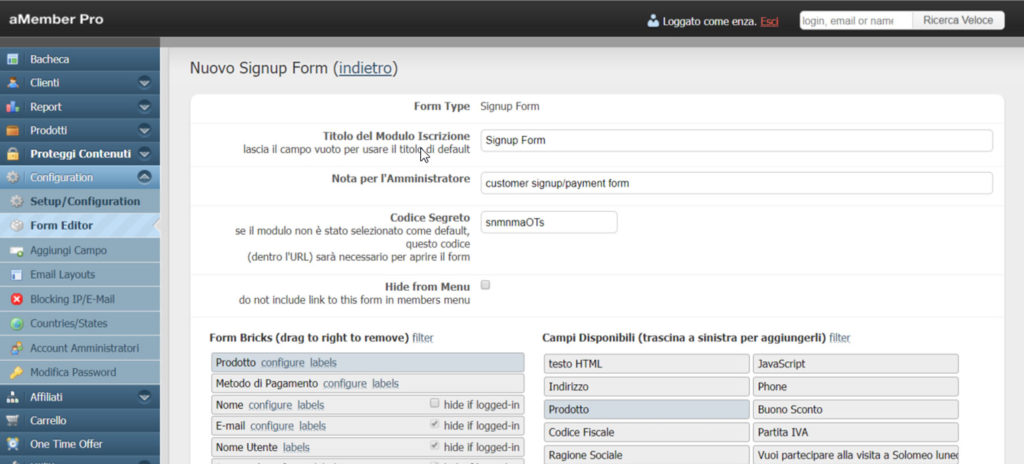 amember creare form modulo iscrizione