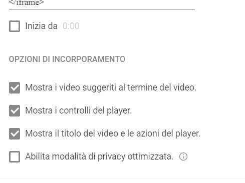 Impostazioni avanzate per incorporare video youtube