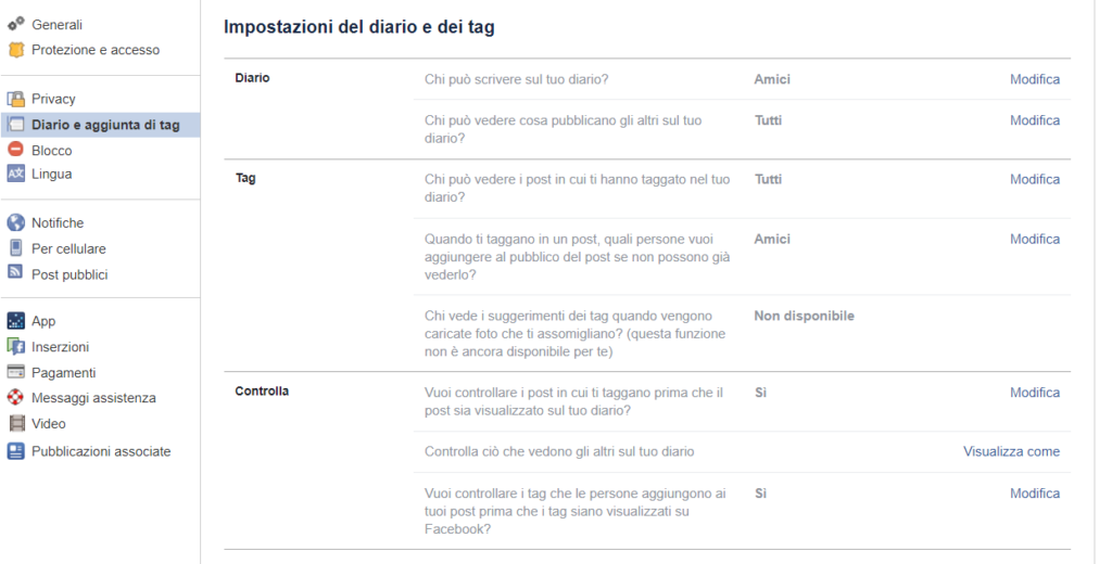 Impostazioni Facebook Privacy controllo tag