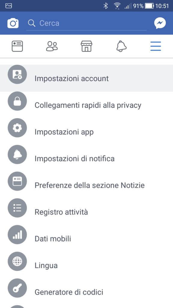 Impostazioni Facebook account menu mobile