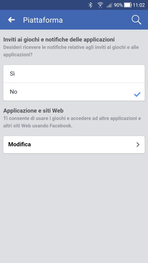 Impostazioni Facebook Piattaforma App