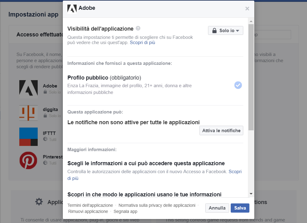 Impostazioni Facebook App privacy