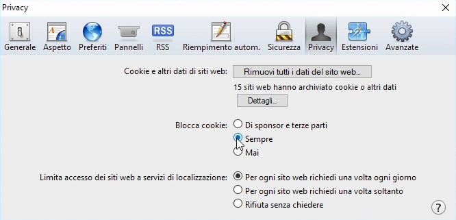 disattiva cookie safari