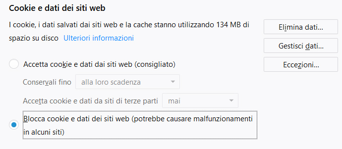 disattivare cookie firefox