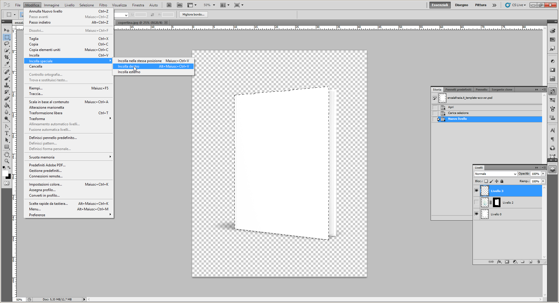 creare ecover con Photoshop incolla dentro