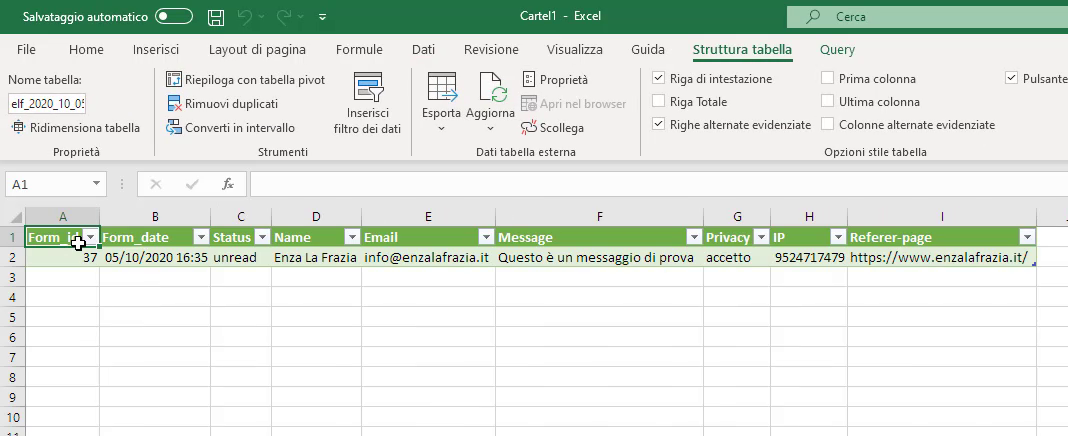 Dati importati CSV Excel