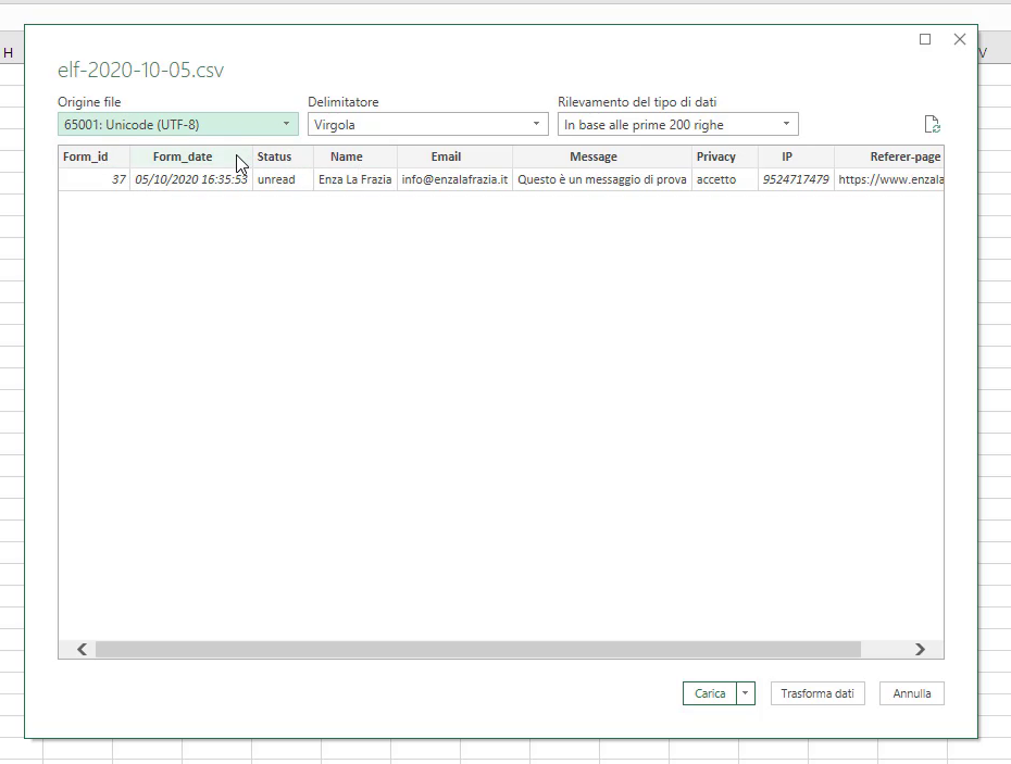 Tabella importata file CSV