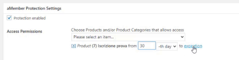 Blocco aMember Protection Settings su WordPress