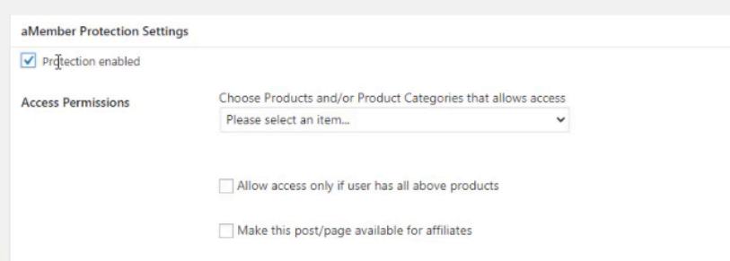 Blocco aMember Protection Settings su WordPress