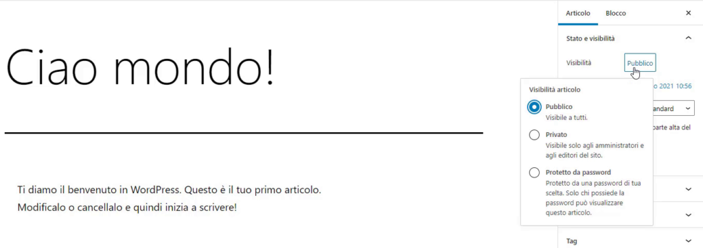 Modifica visibilità articolo WordPress