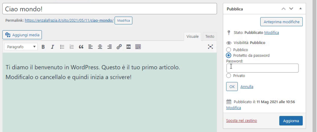Modifica visibilità articolo WordPress editor classico