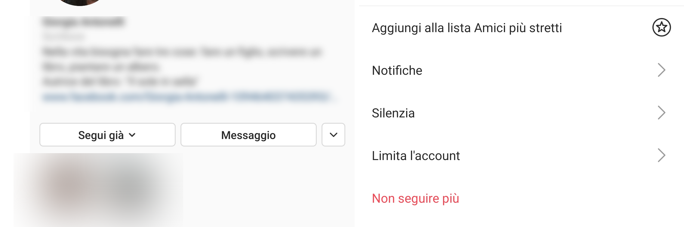 Silenzia utente su instagram