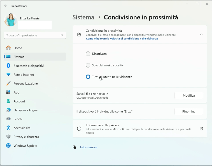 Impostazioni condivisione in prossimità Windows