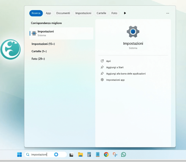 Ricerca delle impostazioni di Windows