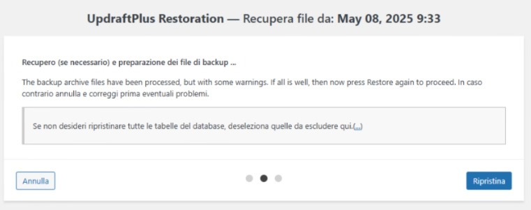 come ripristinare il backup di wordpress con updraftplus