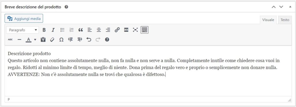 Woocommerce breve descrizione del prodotto