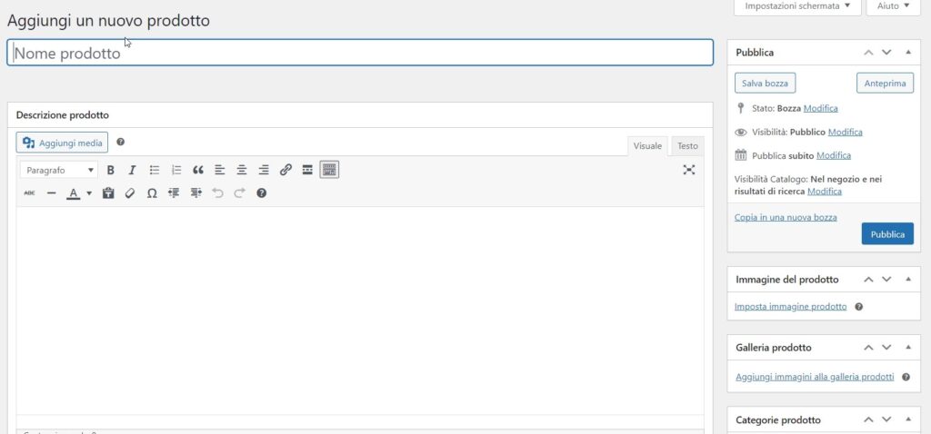 Pannello per l'inserimento di nuovi prodotti in Woocommerce
